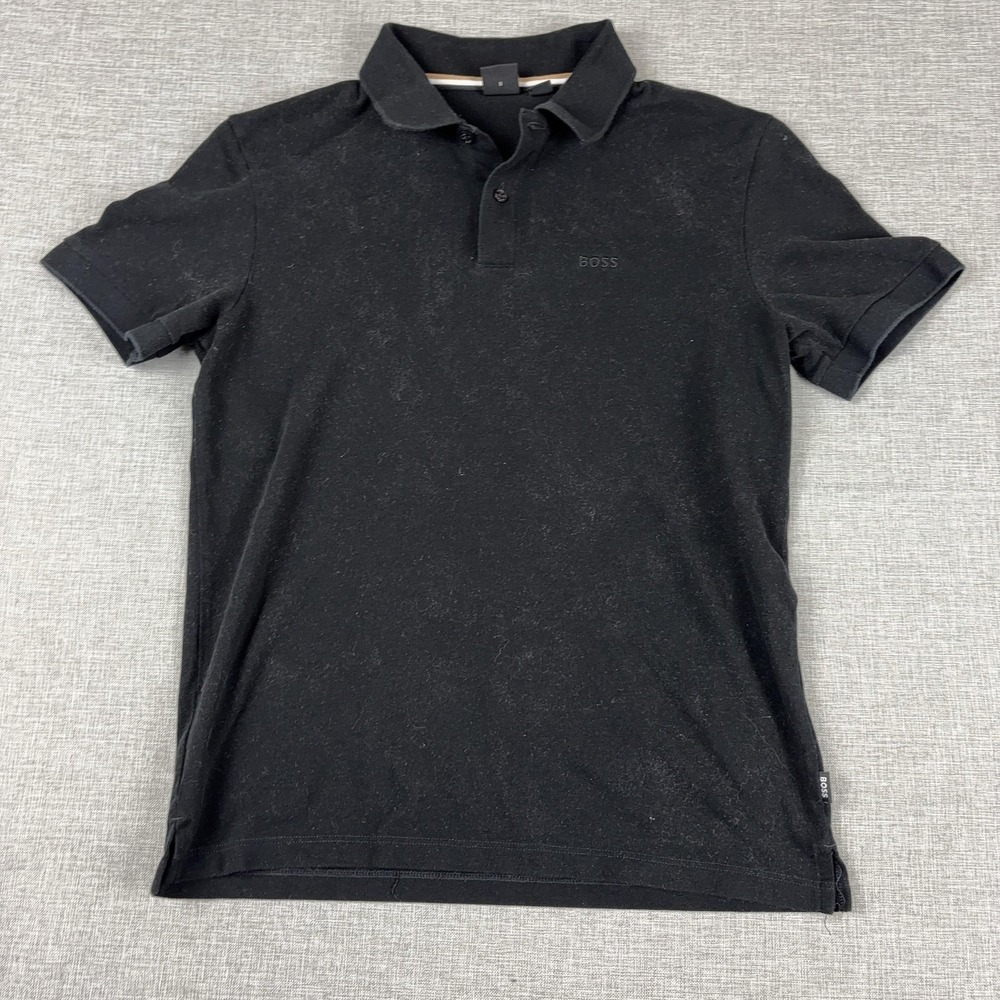 Boss Polo Shirt Mens Small Black Solid‎ Cotton Knit Logo Casual Short Sleeve